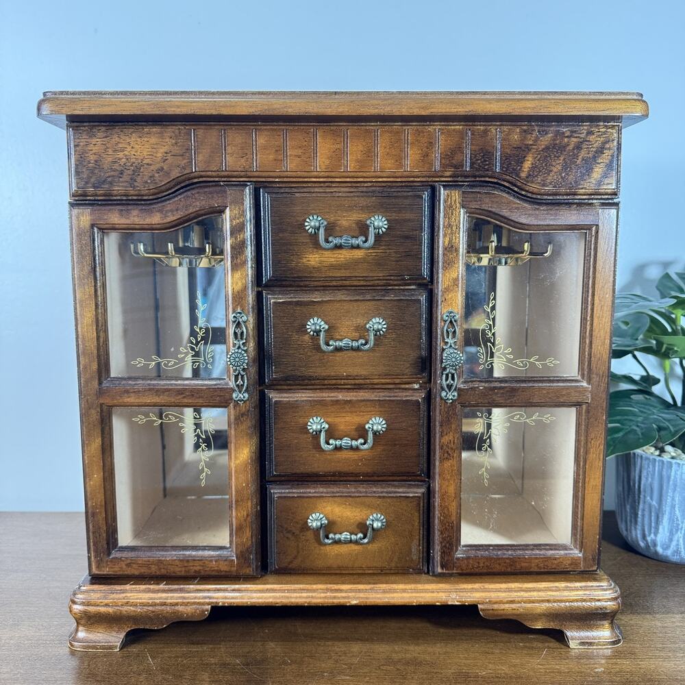 Vintage Jay Import Co. Wooden Musical Jewelry Box Armoire with Mirror & Drawers